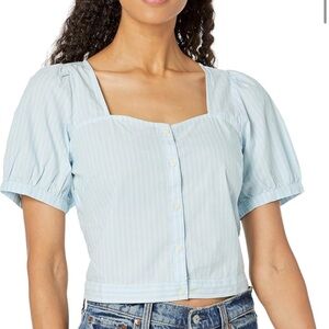 Levi's Simone Short puff Sleeve Blouse crop top button blue white stripe size xl